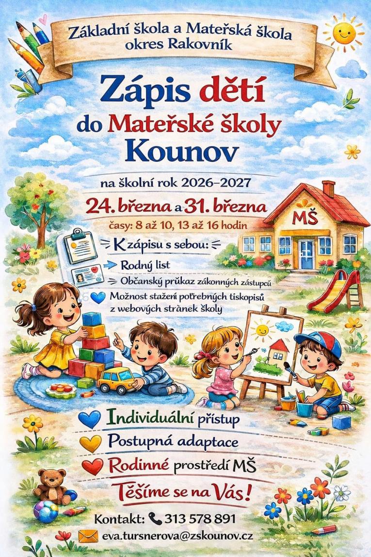 Zápis dětí do MŠ na školní rok 2026/2027 Zápis dětí do MŠ na školní rok 2026/2027